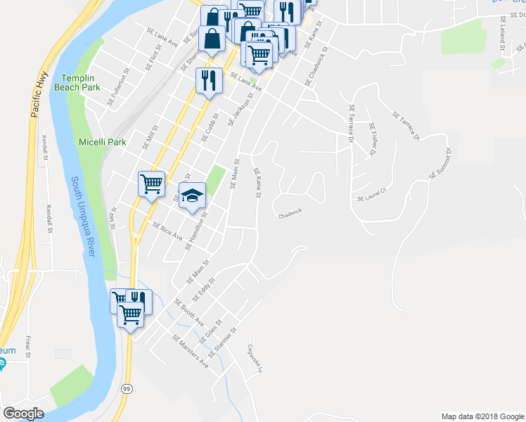 map of restaurants, bars, coffee shops, grocery stores, and more near 1247 Southeast Kane Street in Roseburg