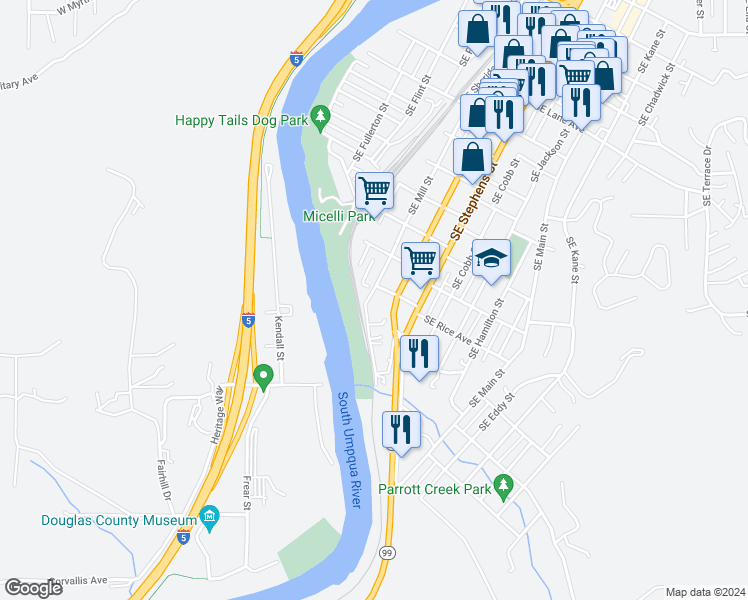 map of restaurants, bars, coffee shops, grocery stores, and more near 1629 Southeast Mill Street in Roseburg