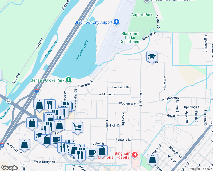 map of restaurants, bars, coffee shops, grocery stores, and more near 811 Lilac Street in Blackfoot