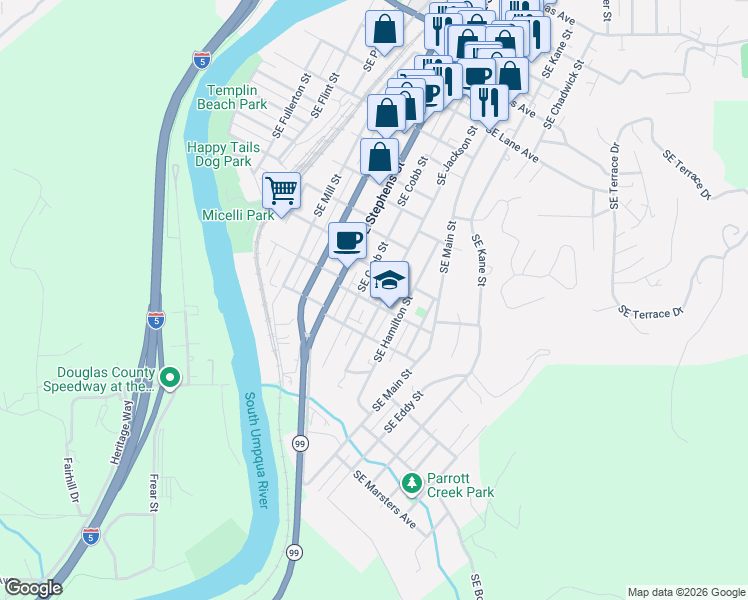 map of restaurants, bars, coffee shops, grocery stores, and more near 1470 Southeast Jackson Street in Roseburg