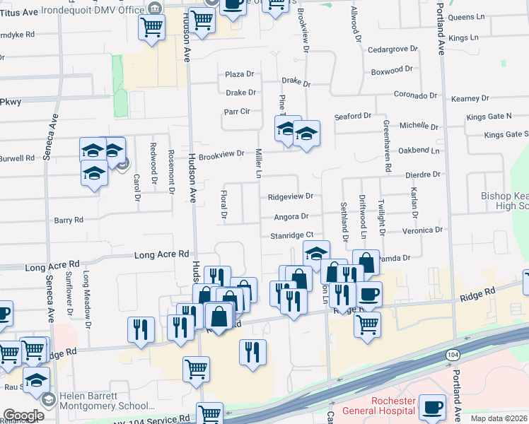 map of restaurants, bars, coffee shops, grocery stores, and more near 6 Angora Drive in Rochester