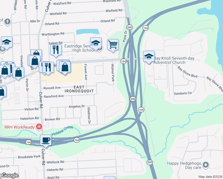 map of restaurants, bars, coffee shops, grocery stores, and more near 19 Walnut Park in Irondequoit