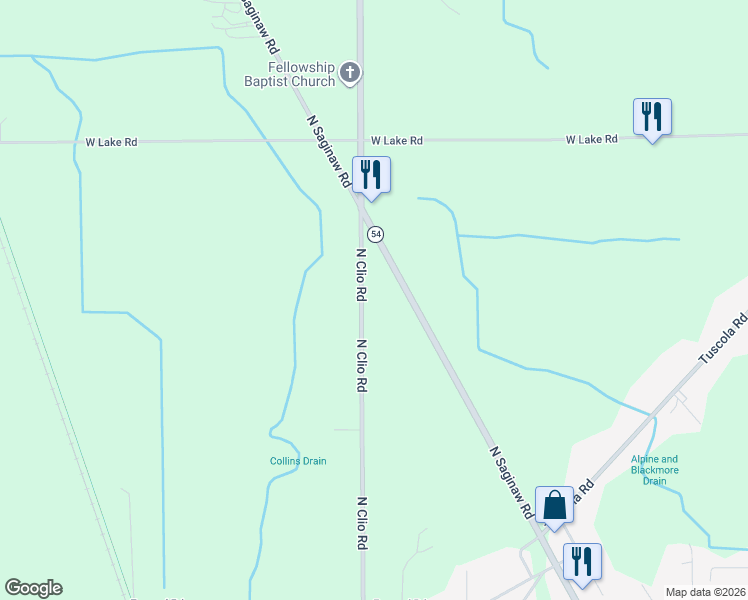 map of restaurants, bars, coffee shops, grocery stores, and more near 13358 North Clio Road in Clio