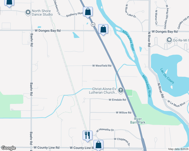map of restaurants, bars, coffee shops, grocery stores, and more near 5114 West Kathleen Lane in Mequon