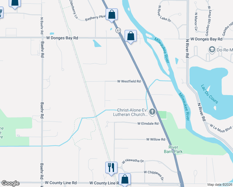 map of restaurants, bars, coffee shops, grocery stores, and more near 5114 West Kathleen Lane in Mequon