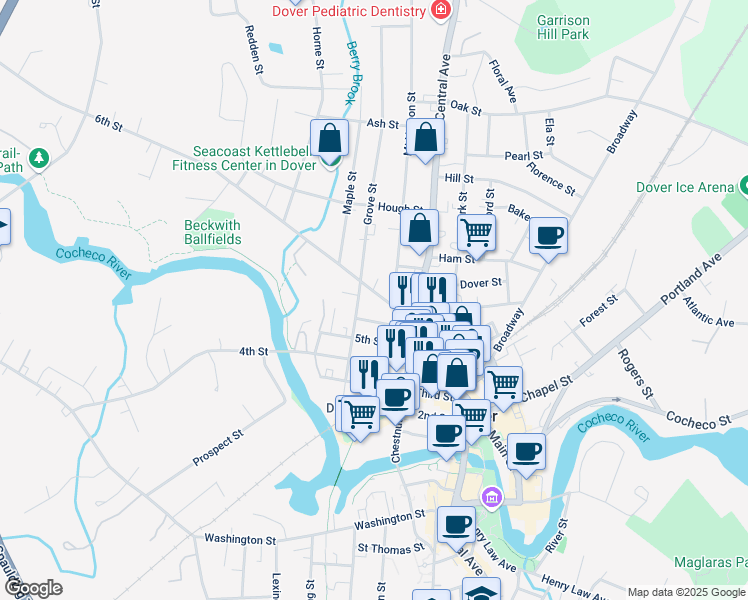 map of restaurants, bars, coffee shops, grocery stores, and more near 36 6th Street in Dover