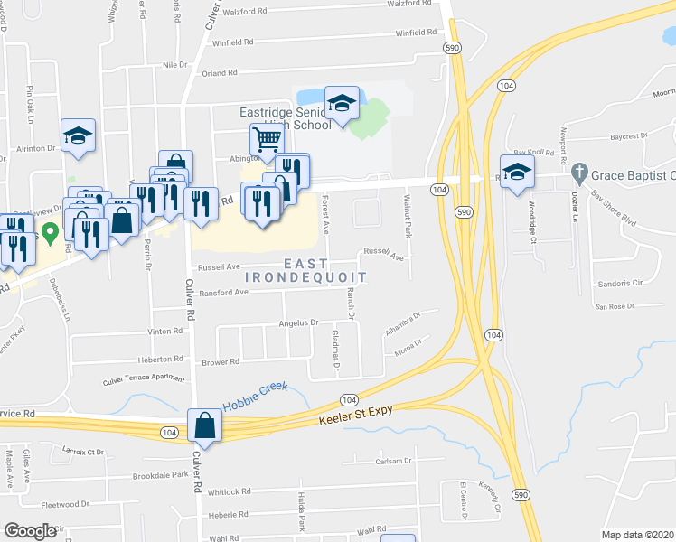 map of restaurants, bars, coffee shops, grocery stores, and more near 24 Forest Avenue in Rochester
