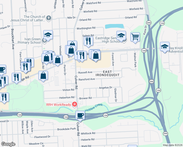 map of restaurants, bars, coffee shops, grocery stores, and more near 93 Russell Avenue in Irondequoit