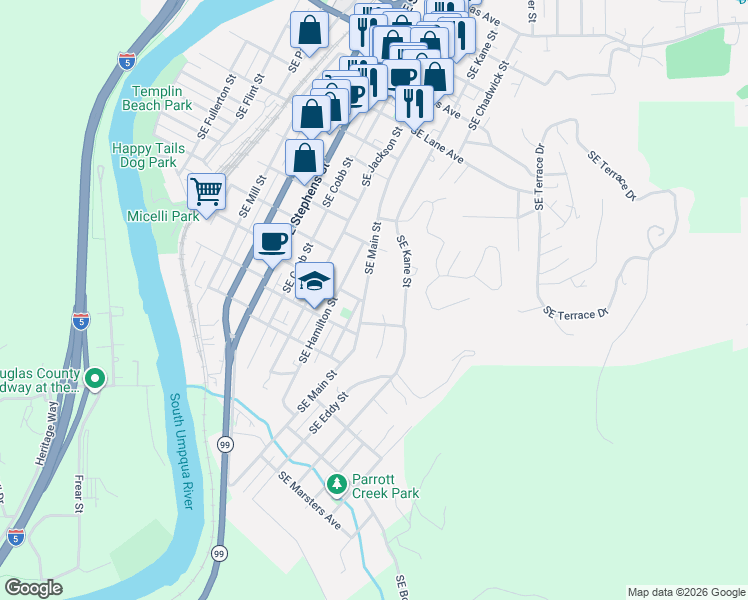 map of restaurants, bars, coffee shops, grocery stores, and more near 1327 Southeast Main Street in Roseburg