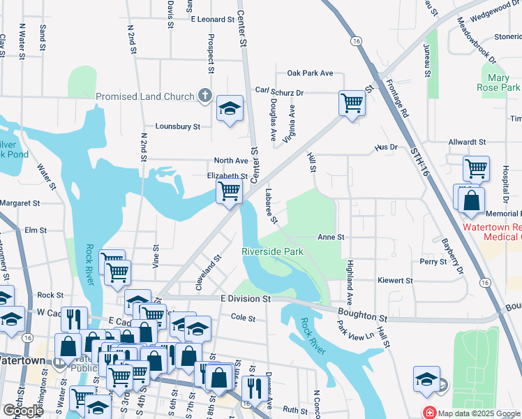 map of restaurants, bars, coffee shops, grocery stores, and more near 1004 Labaree Street in Watertown