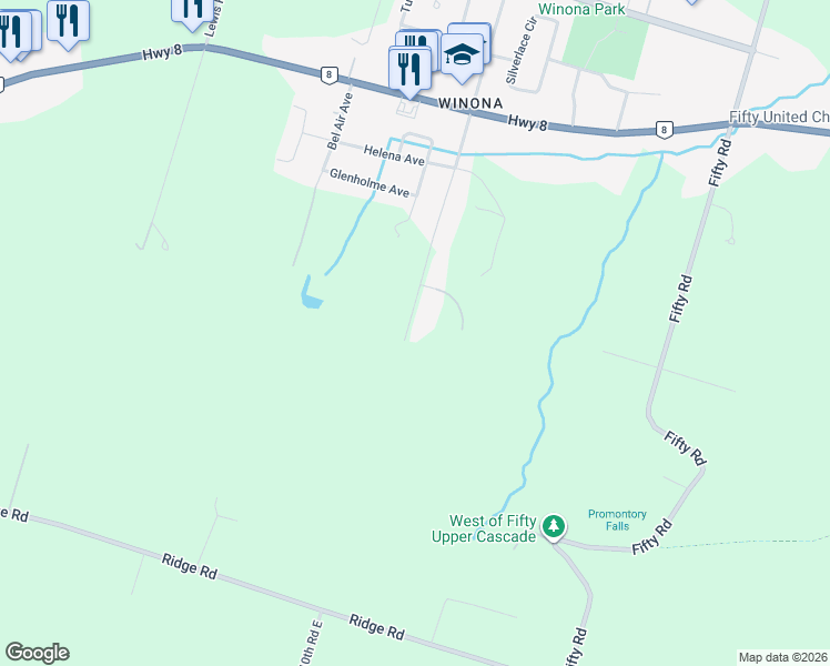 map of restaurants, bars, coffee shops, grocery stores, and more near 146 Winona Road in Hamilton