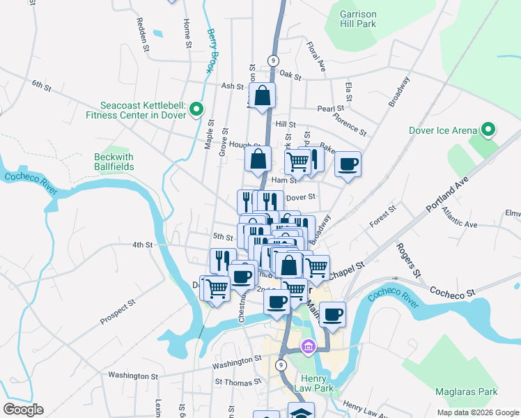 map of restaurants, bars, coffee shops, grocery stores, and more near Central Avenue in Dover