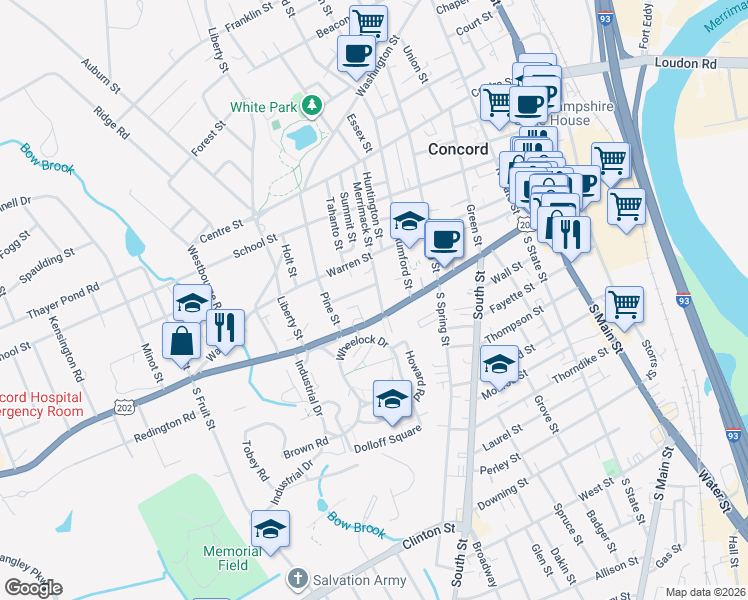map of restaurants, bars, coffee shops, grocery stores, and more near 3 Merrimack Street in Concord