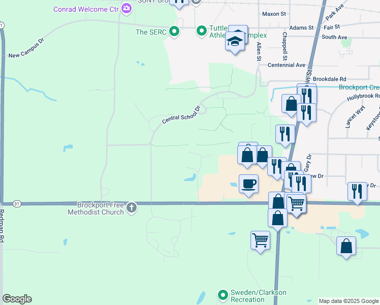 map of restaurants, bars, coffee shops, grocery stores, and more near 766 Viking Way in Brockport