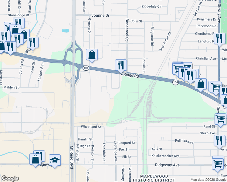 map of restaurants, bars, coffee shops, grocery stores, and more near 21 Dewain Street in Rochester