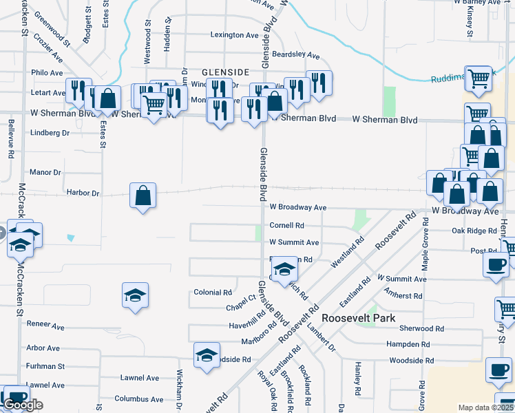 map of restaurants, bars, coffee shops, grocery stores, and more near 1412 Garrison Road in Muskegon