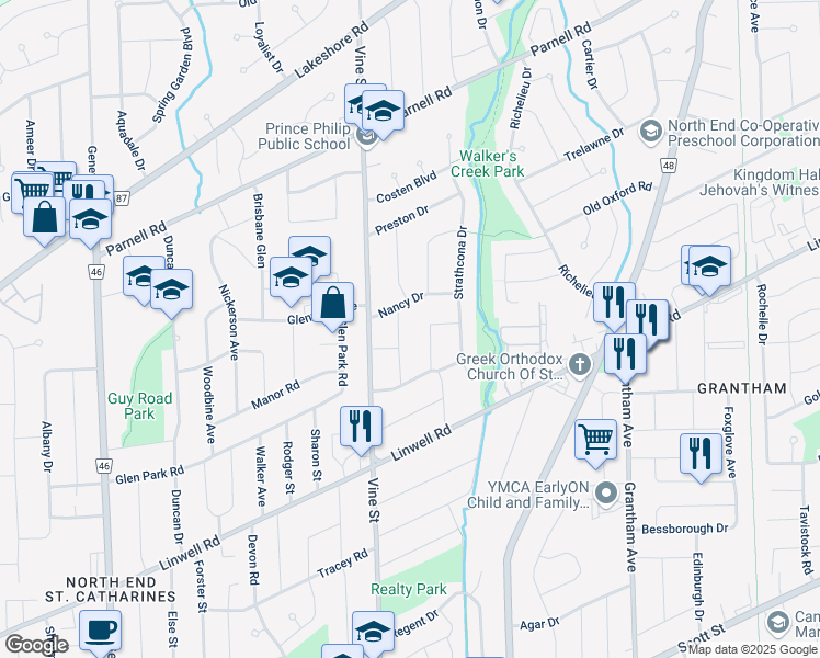 map of restaurants, bars, coffee shops, grocery stores, and more near 12 Marvin Drive in St. Catharines