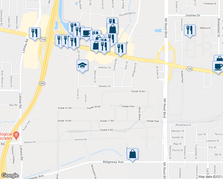 map of restaurants, bars, coffee shops, grocery stores, and more near 175 Corona Road in Rochester