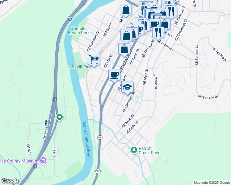 map of restaurants, bars, coffee shops, grocery stores, and more near 1506 SE Cobb St in Roseburg