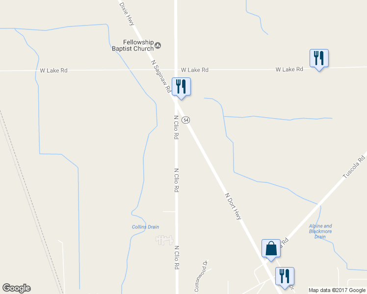map of restaurants, bars, coffee shops, grocery stores, and more near 13358 North Clio Road in Clio