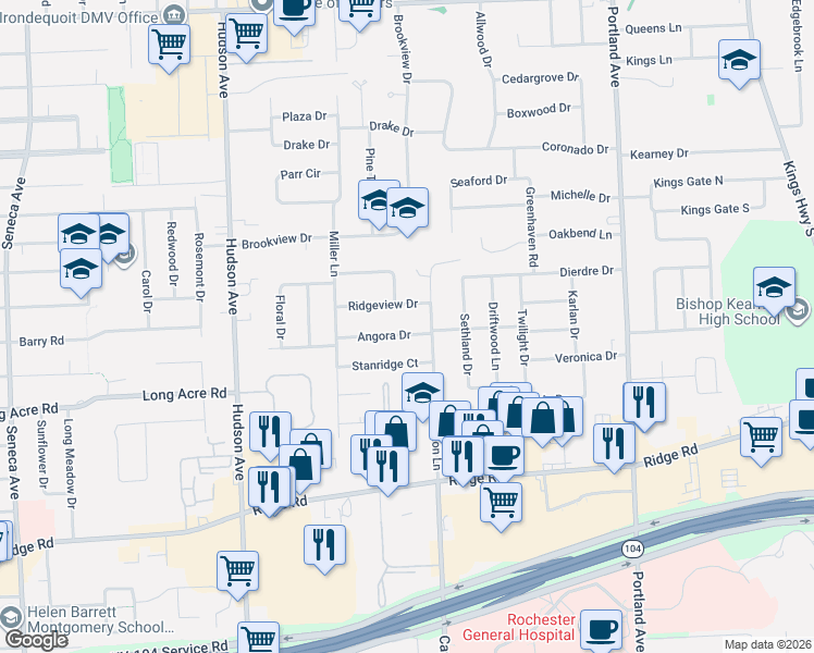 map of restaurants, bars, coffee shops, grocery stores, and more near 94 Angora Drive in Rochester