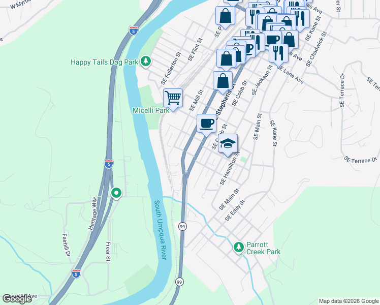 map of restaurants, bars, coffee shops, grocery stores, and more near 626 Southeast Rice Avenue in Roseburg