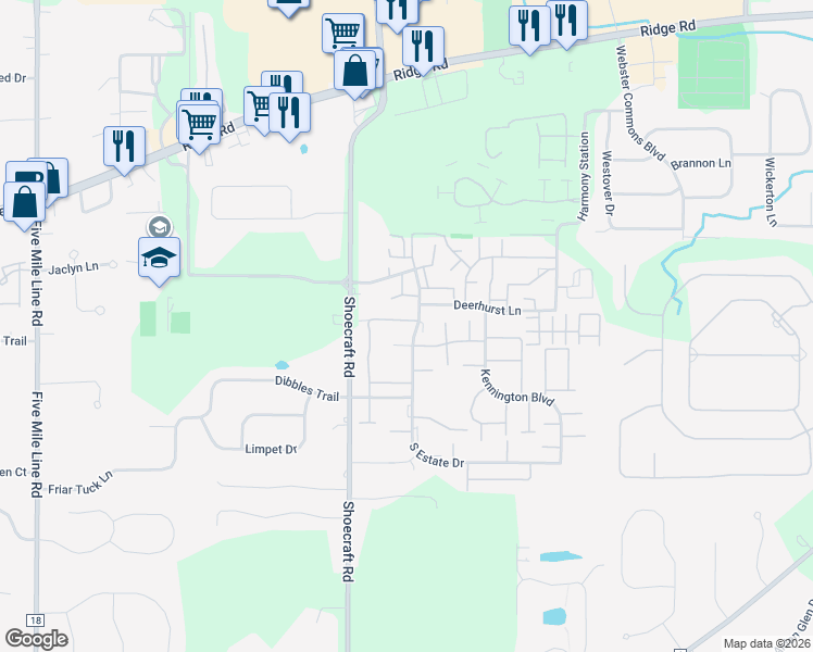 map of restaurants, bars, coffee shops, grocery stores, and more near 90 Springwood Dr in Webster
