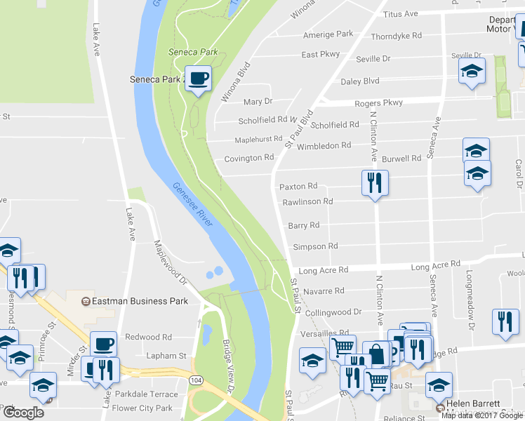 map of restaurants, bars, coffee shops, grocery stores, and more near 2449 Saint Paul Boulevard in Rochester
