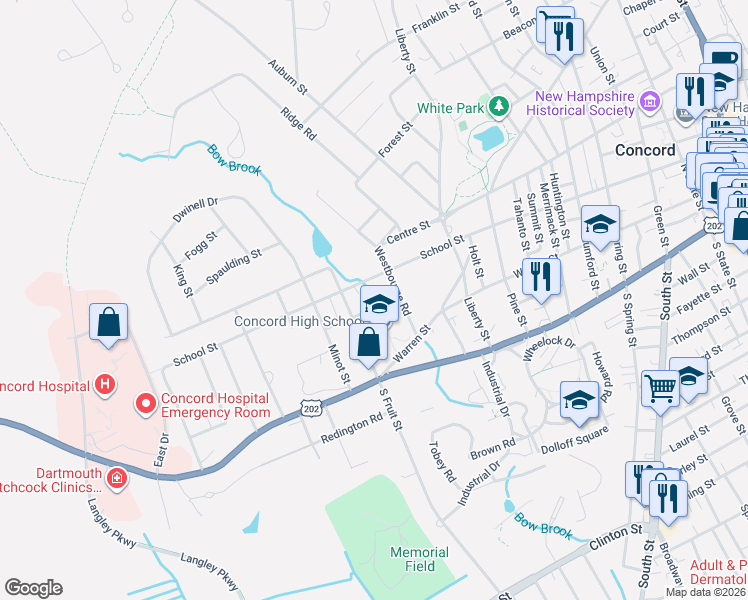 map of restaurants, bars, coffee shops, grocery stores, and more near 8 Woodman Street in Concord