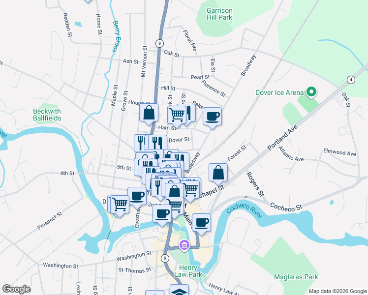 map of restaurants, bars, coffee shops, grocery stores, and more near 32 New York Street in Dover