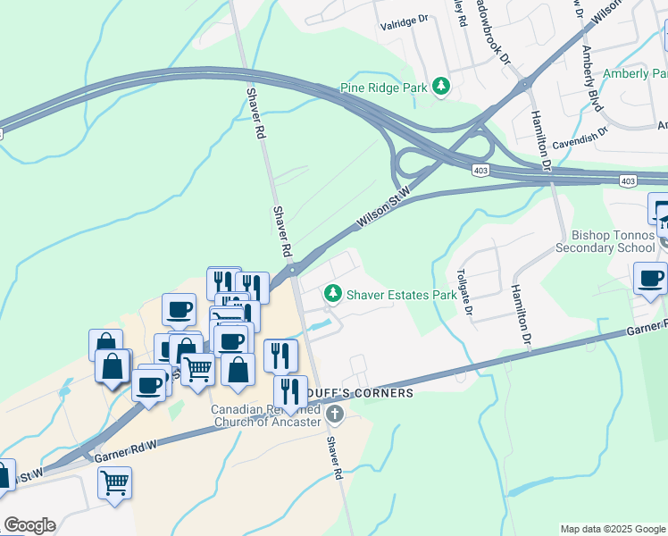 map of restaurants, bars, coffee shops, grocery stores, and more near 16 Chapman Lane in Hamilton