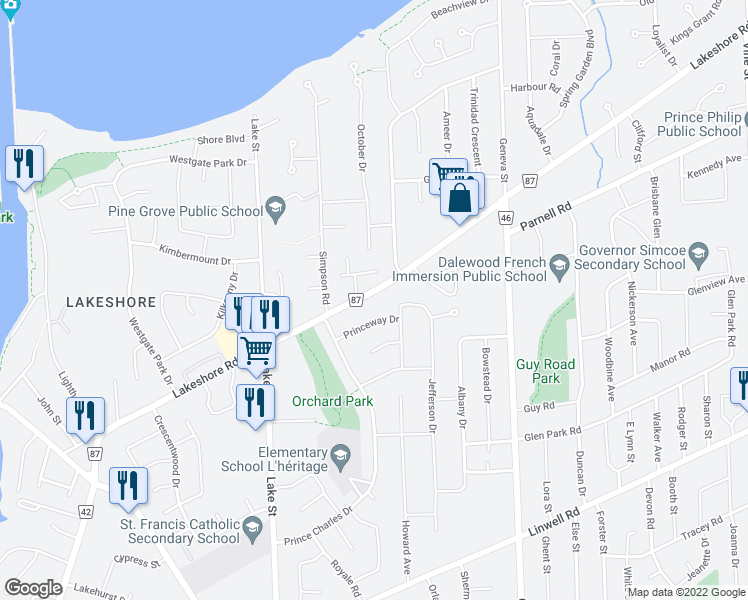 map of restaurants, bars, coffee shops, grocery stores, and more near 94 Lakeshore Road in Saint Catharines