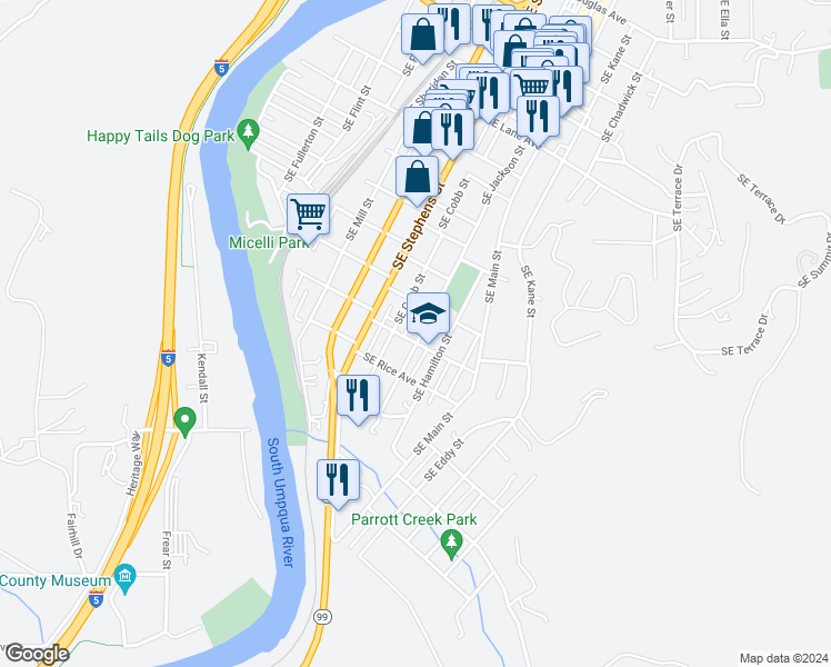 map of restaurants, bars, coffee shops, grocery stores, and more near 1460 Southeast Jackson Street in Roseburg