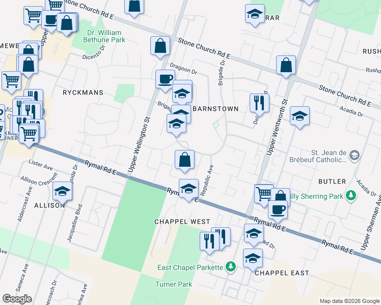 map of restaurants, bars, coffee shops, grocery stores, and more near 259 Brigade Drive in Hamilton