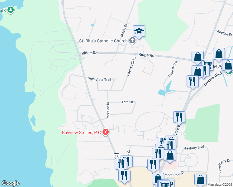 map of restaurants, bars, coffee shops, grocery stores, and more near 1096 Cherry Hill Ln in Webster