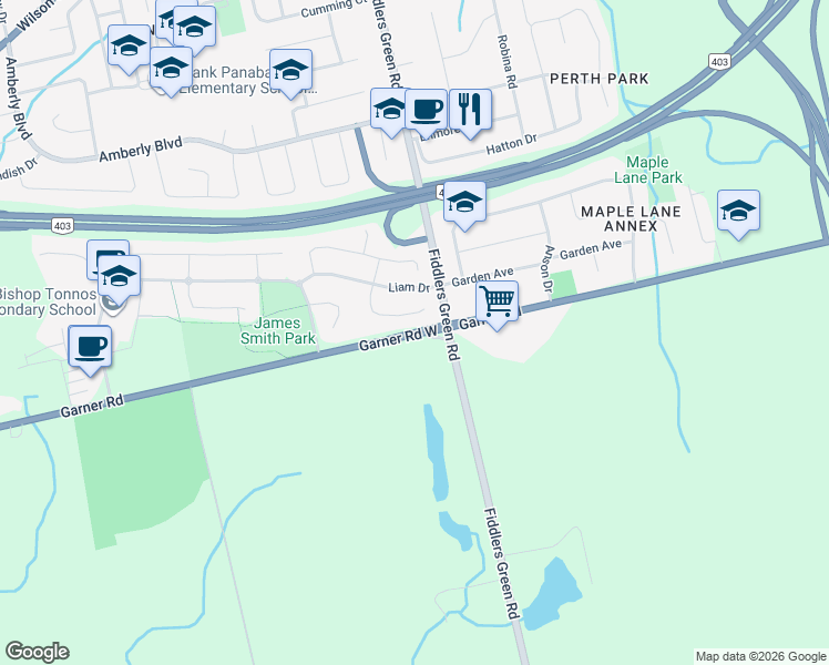map of restaurants, bars, coffee shops, grocery stores, and more near 39 Garner Road in Hamilton