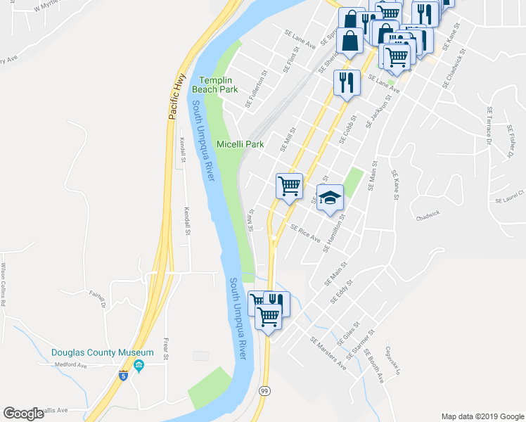 map of restaurants, bars, coffee shops, grocery stores, and more near 533 Southeast Rice Avenue in Roseburg