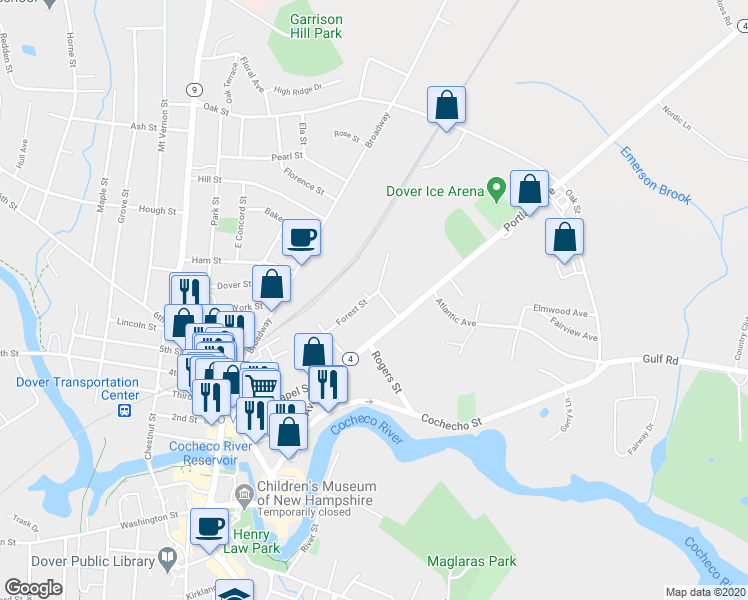 map of restaurants, bars, coffee shops, grocery stores, and more near 43 Forest Street in Dover