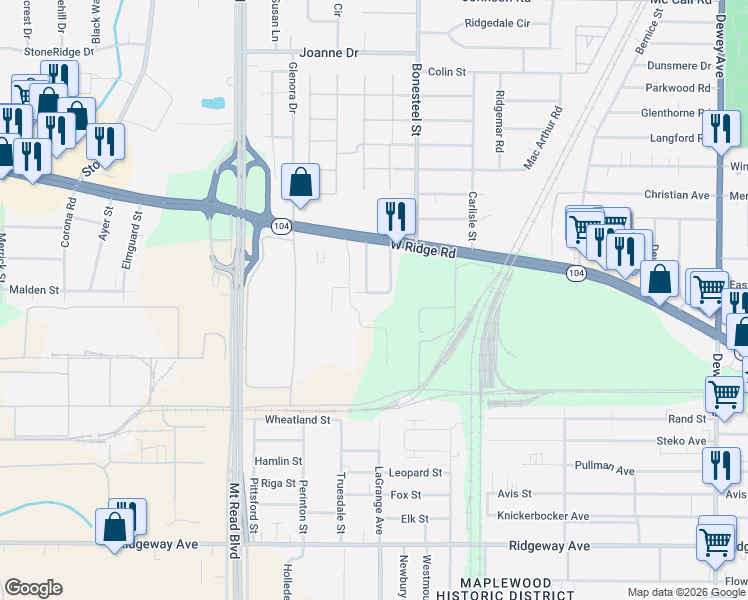 map of restaurants, bars, coffee shops, grocery stores, and more near 21 Dewain Street in Rochester