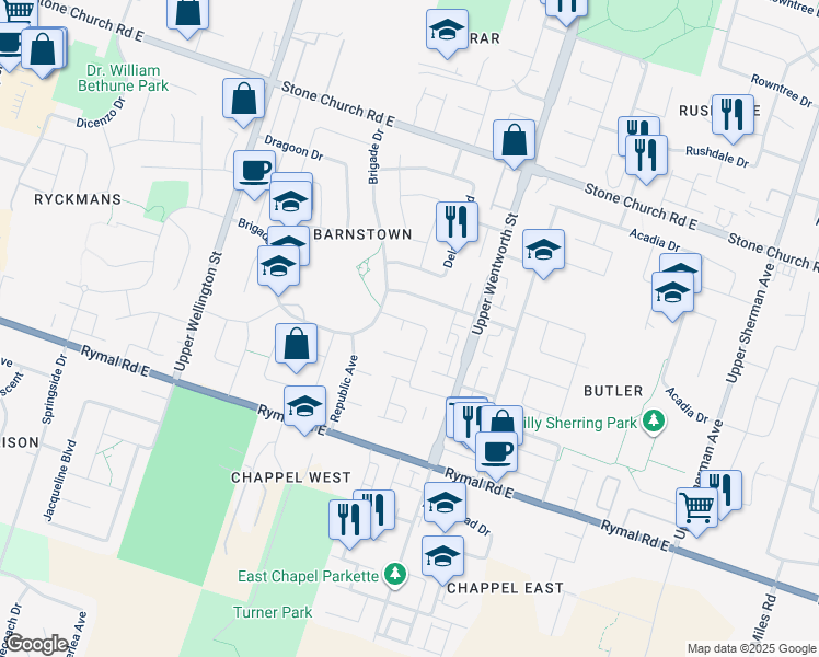 map of restaurants, bars, coffee shops, grocery stores, and more near 5 Antoinette Court in Hamilton