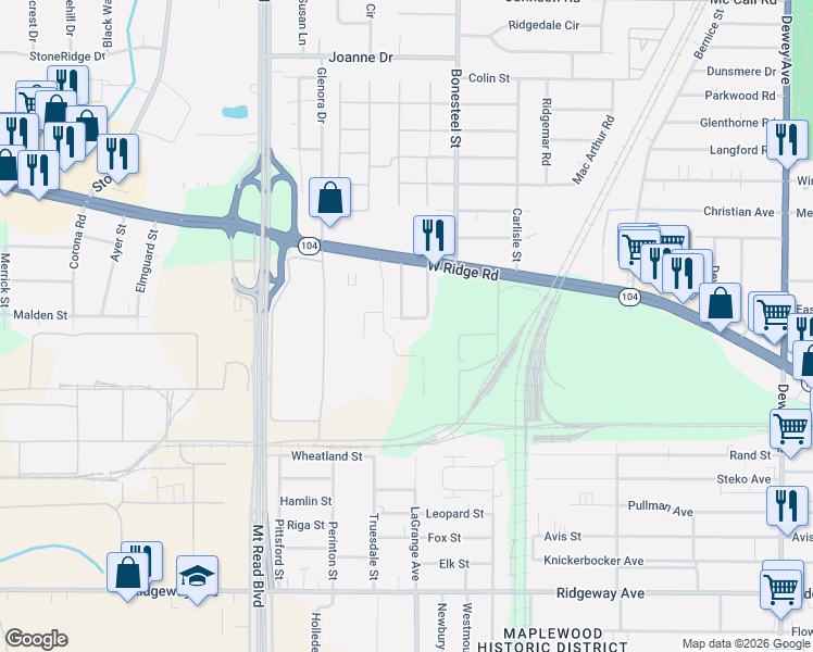 map of restaurants, bars, coffee shops, grocery stores, and more near 21 Dewain Street in Rochester