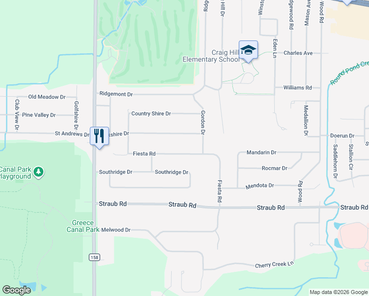 map of restaurants, bars, coffee shops, grocery stores, and more near 254 Fiesta Road in Rochester