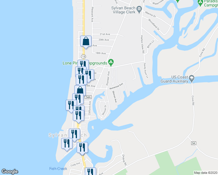 map of restaurants, bars, coffee shops, grocery stores, and more near 1300 Pioneer Avenue in Sylvan Beach