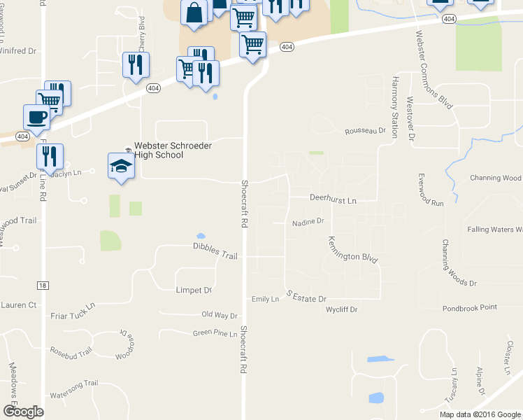 map of restaurants, bars, coffee shops, grocery stores, and more near 68 Springwood Drive in Webster