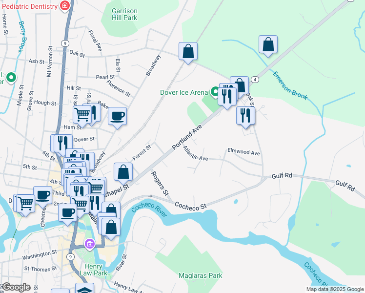 map of restaurants, bars, coffee shops, grocery stores, and more near 131 Portland Avenue in Dover