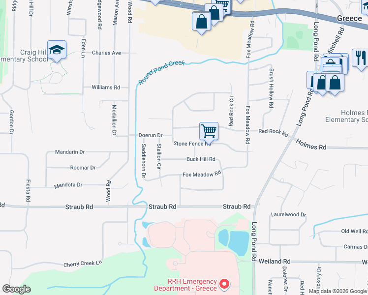 map of restaurants, bars, coffee shops, grocery stores, and more near 203 Stone Fence Road in Rochester