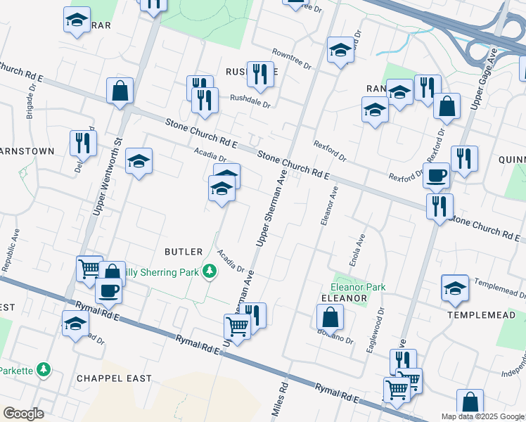 map of restaurants, bars, coffee shops, grocery stores, and more near 1458 Upper Sherman Avenue in Hamilton