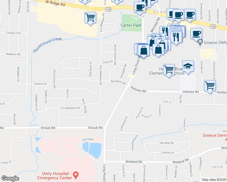 map of restaurants, bars, coffee shops, grocery stores, and more near 1401 Long Pond Road in Rochester