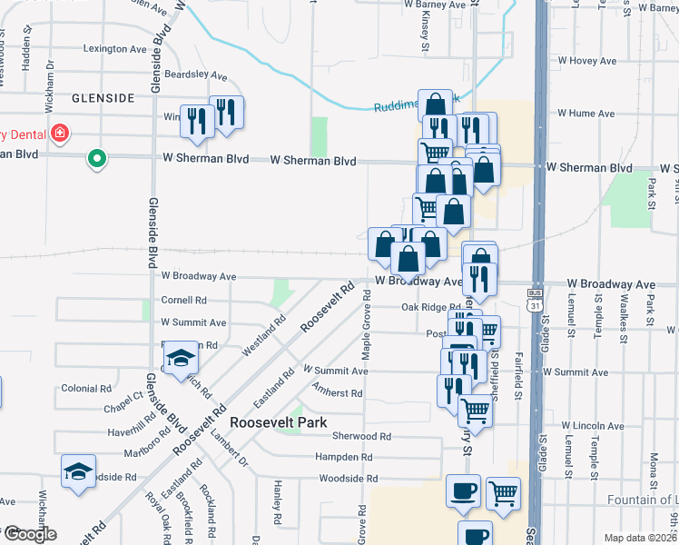 map of restaurants, bars, coffee shops, grocery stores, and more near 1054 West Broadway Avenue in Muskegon