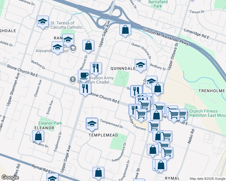map of restaurants, bars, coffee shops, grocery stores, and more near 45 Ridley Drive in Hamilton